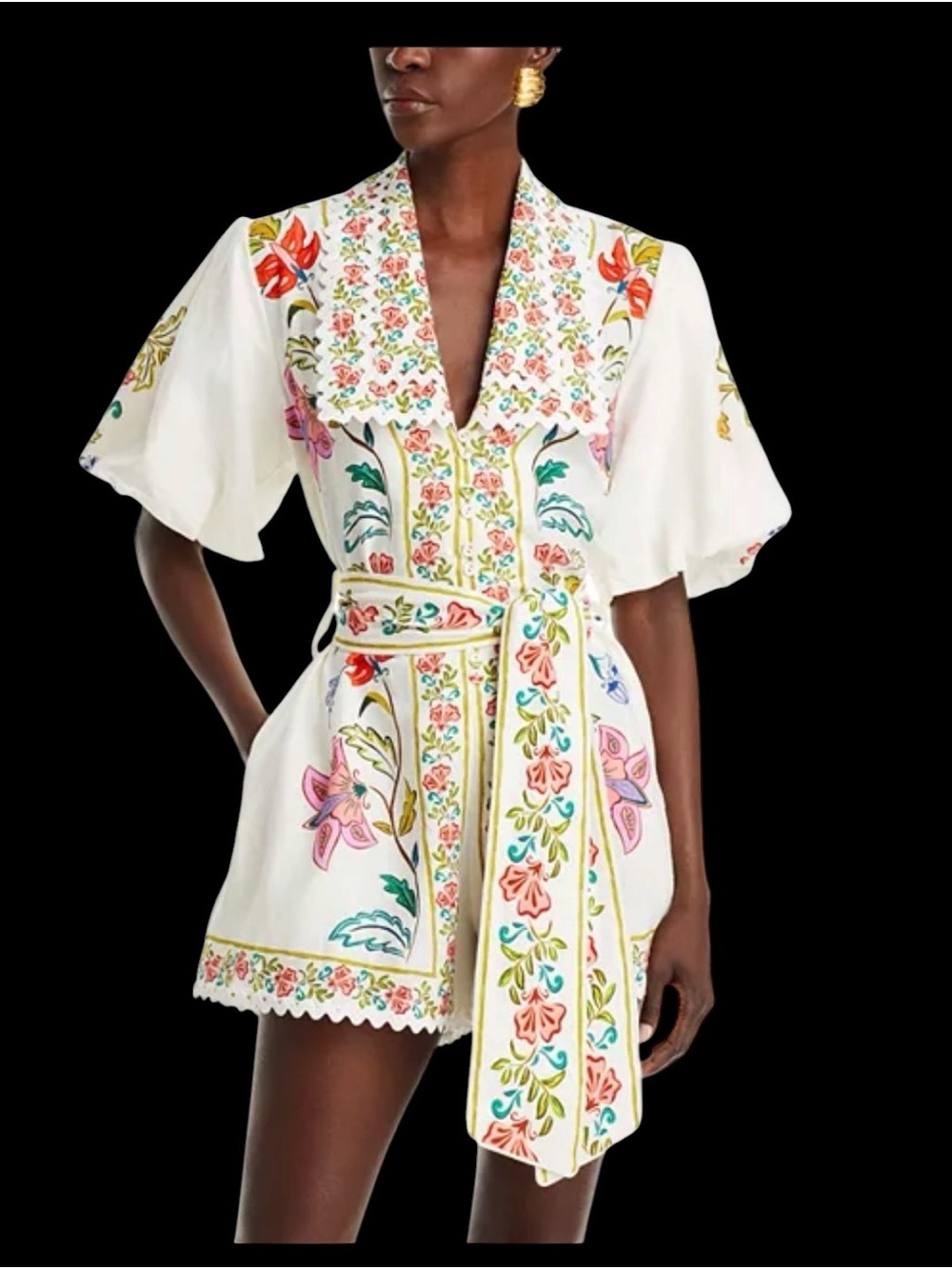 Farm Rio Embroidered Floral Belted Romper Sz Small